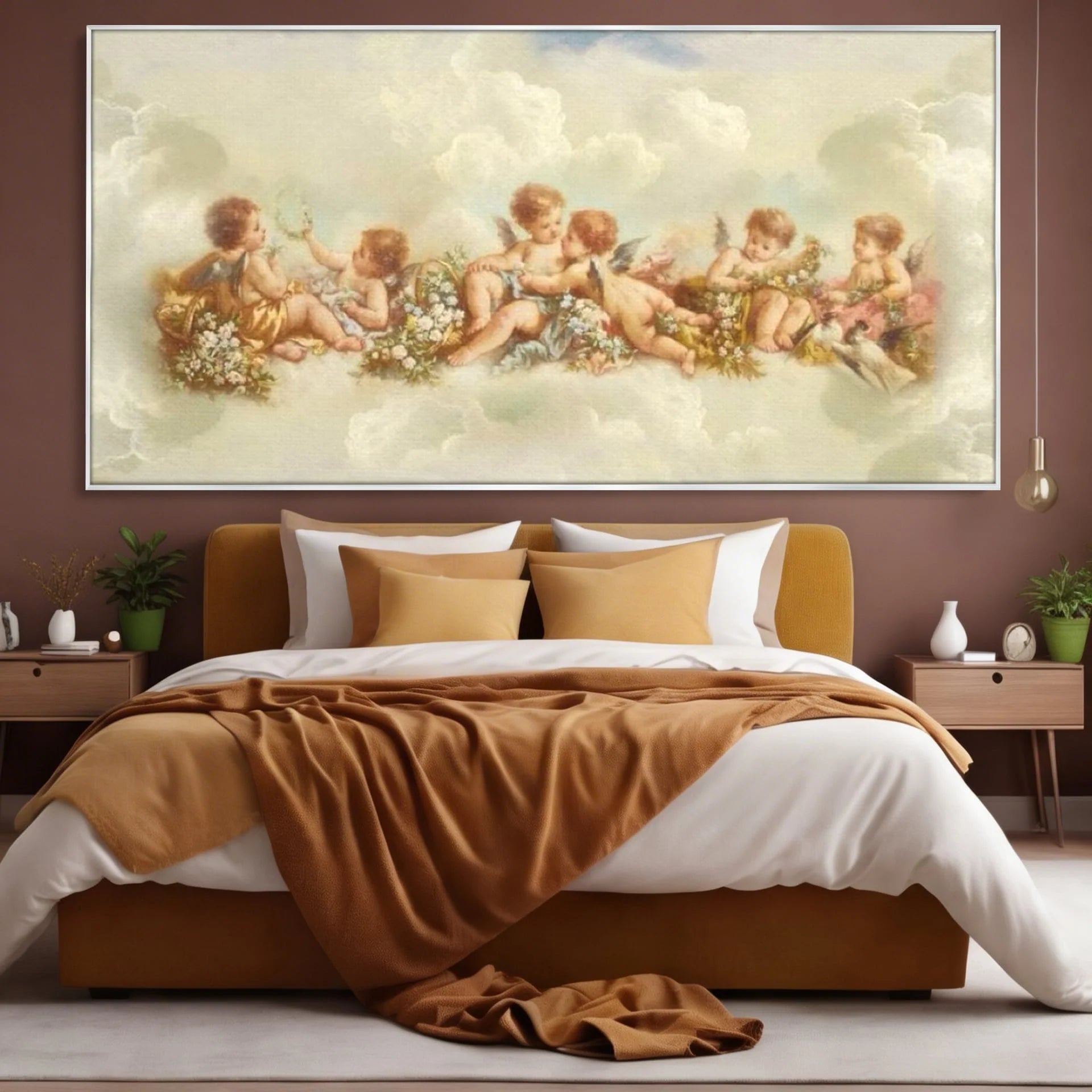 Tablou canvas cu pictura canvas cu ingerase pe nori, in rama de aluminiu argintiu, pe perete intr-un dormitor